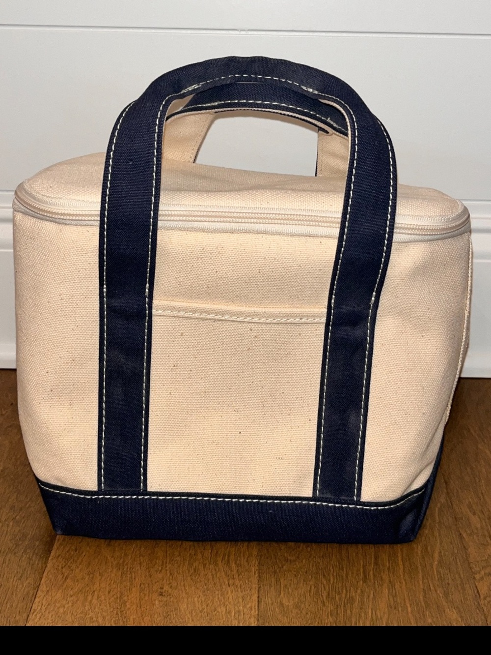 L.L. Bean Boat And Tote Bag Long Handles, Medium, Ivory With Navy Blue Handles